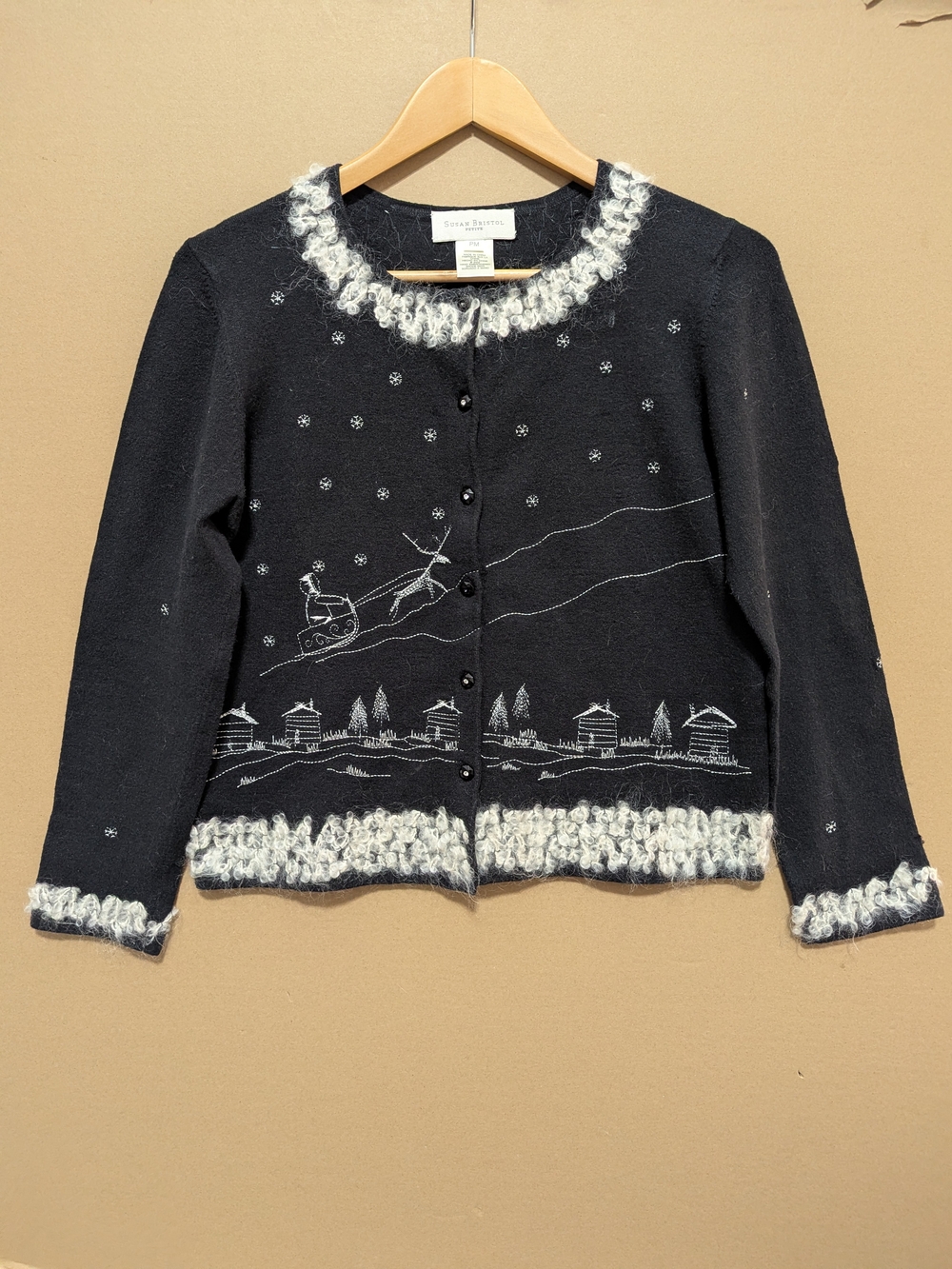 VTG Susan Bristol Cardigan Sweater Hand Embroidered PM Christmas Whimsy Festive